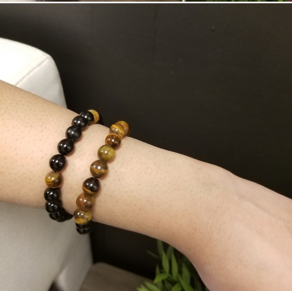 Handmade 8mm Black Onix&Tiger eyes Beaded Bracelet